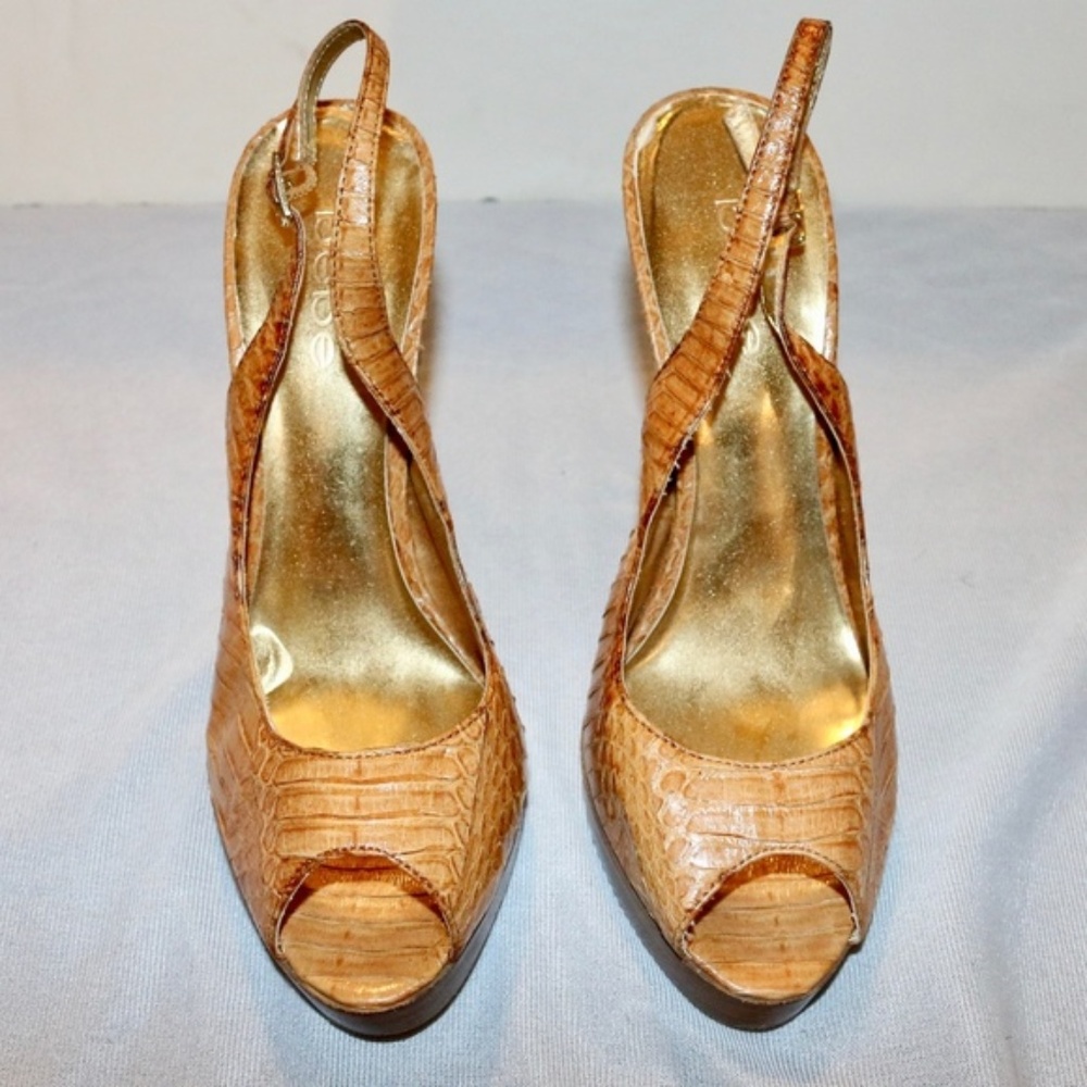 Bebe Orange Tan Croc Peep Toe Slingback Heels